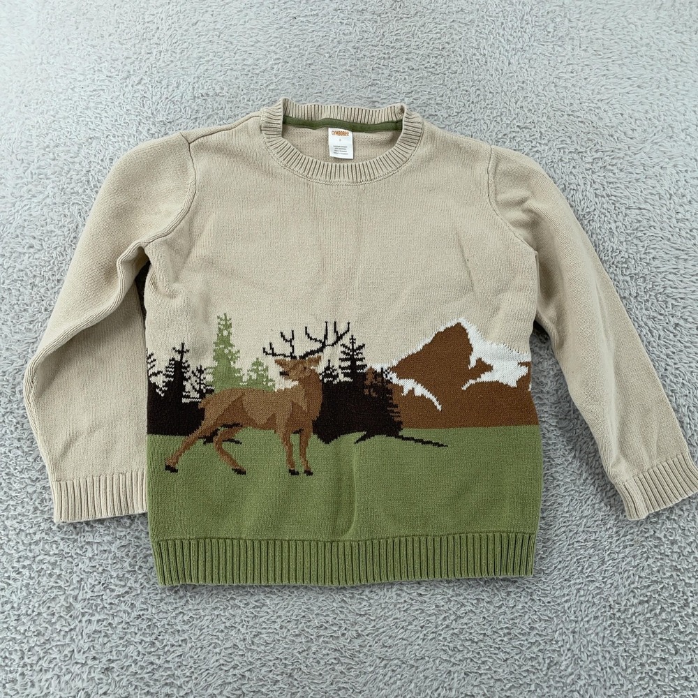 Gymboree Sweater Youth Kids 8 Beige Green Deer‎ Mountain Scene Crewneck Cotton